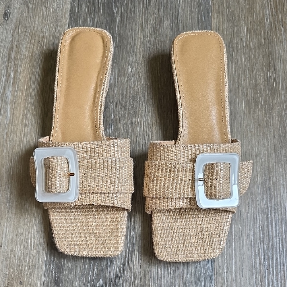 NWOT Woven Slide Sandals with Square Buckle - Beige